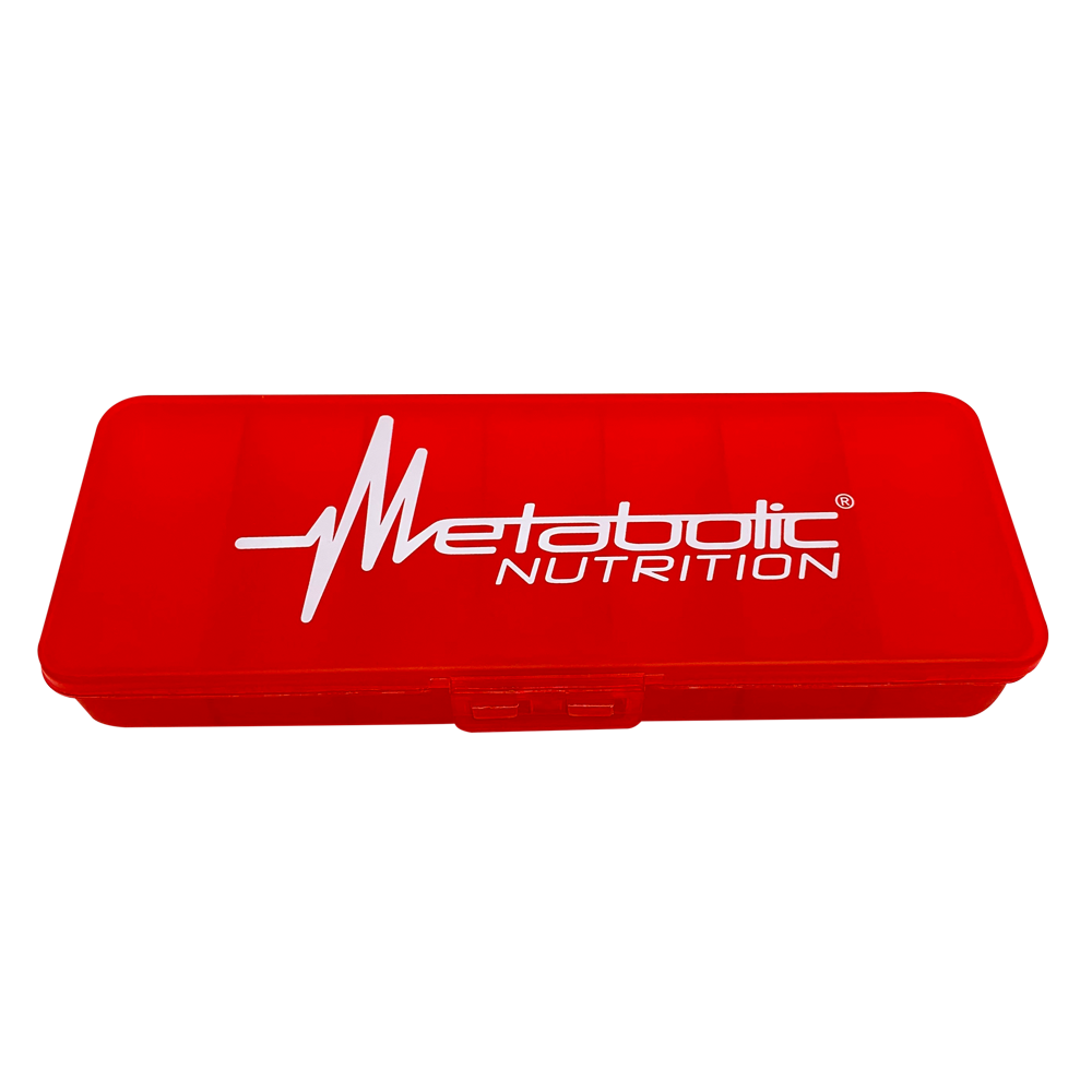 Metabolic Nutrition, red, rectangular, 7 day, pill case.